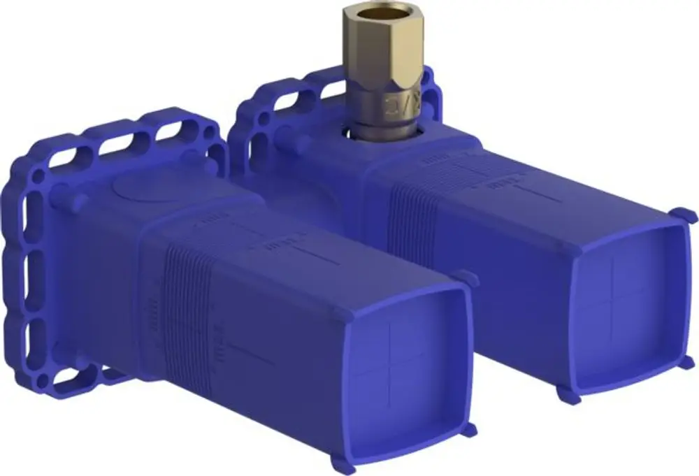 Zwei blaue UP-Rohbausteine für Wandarmaturen, hergestellt von HANSA, mit jeweils einer Anschlussmuffe zur Verbindung mit Wasserleitungen.
